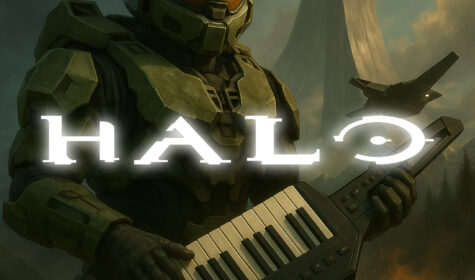 Master chief from Halo playing a keytar